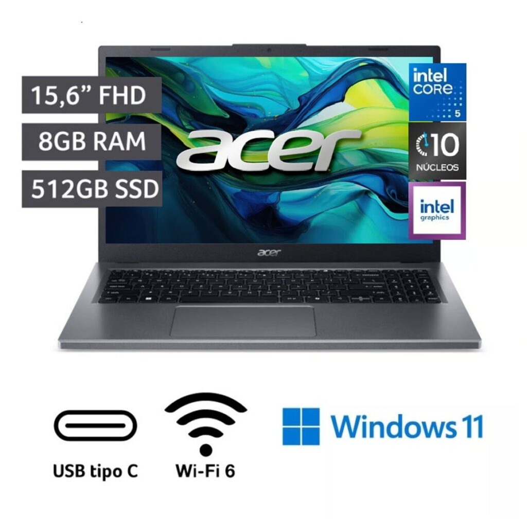 Laptop Acer Intel Core 5 120u 8gb 512gb Ssd Aspire 15 Serie 1 15.6